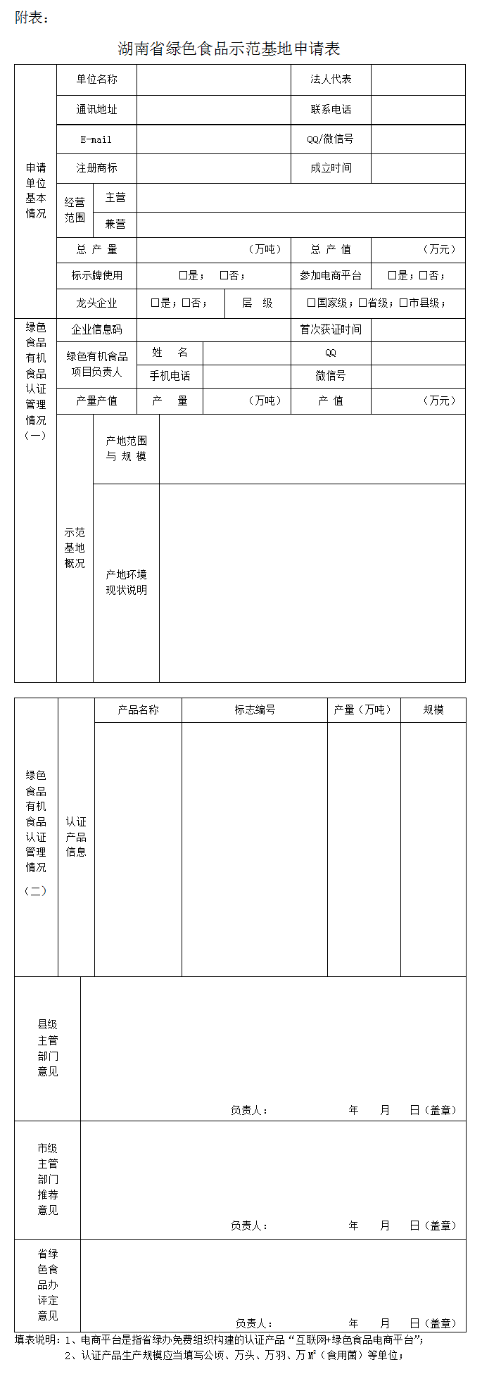 湖南省绿色食品示范基地申请表 