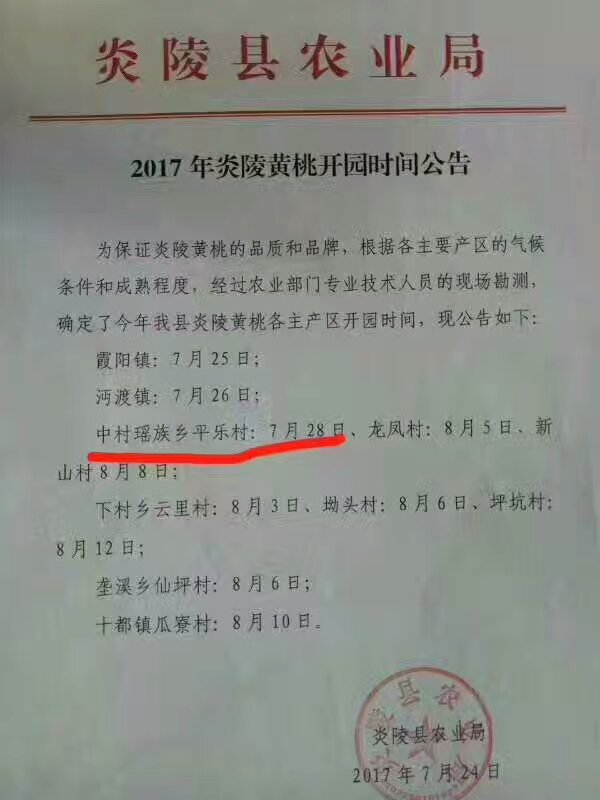 这是一张【炎陵黄桃】推迟到7月29日发货,内附炎陵农业局开园通知的配图